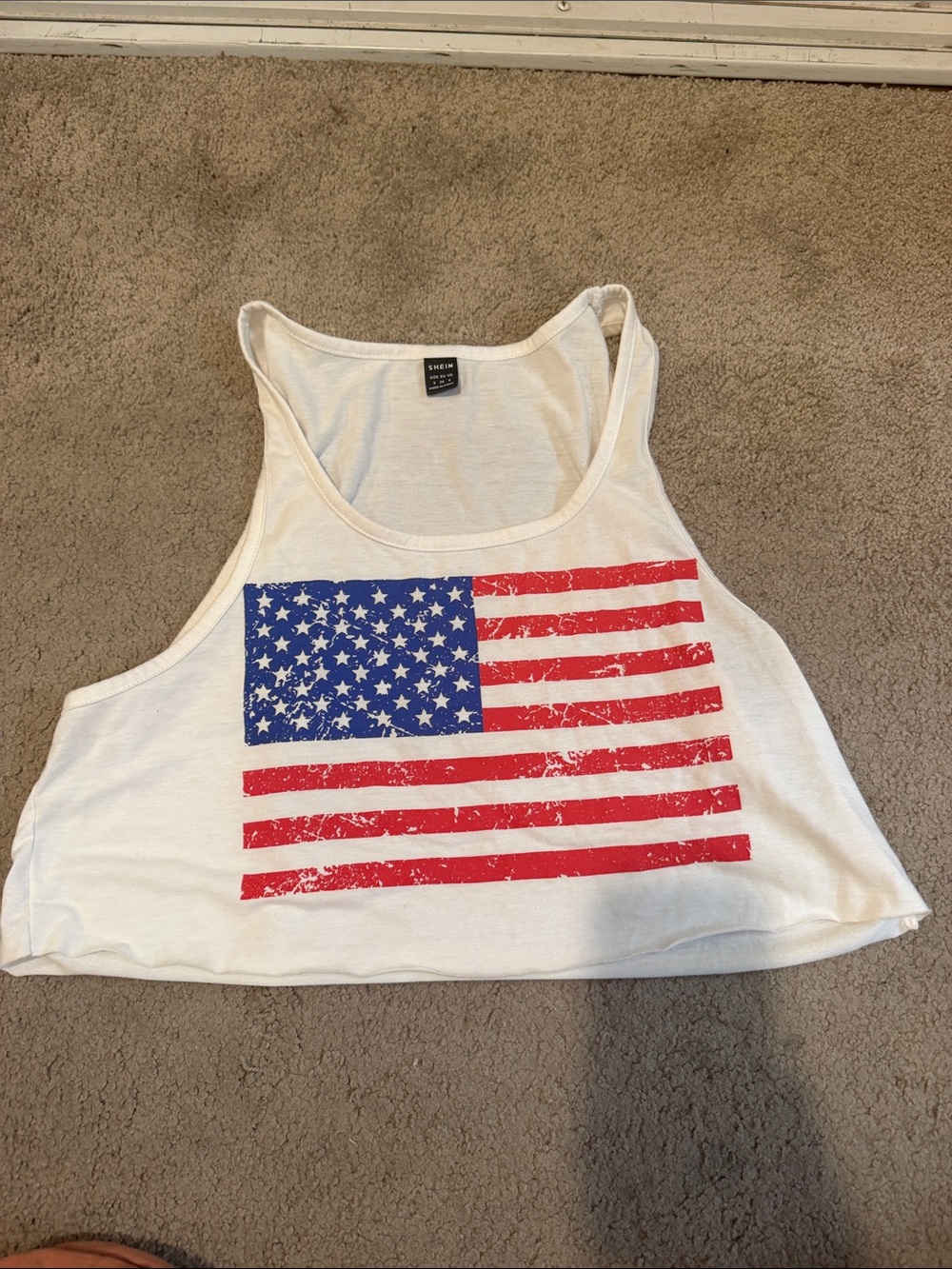 SHEIN White Cropped Tank with Distressed Red & Blue Flag Print
